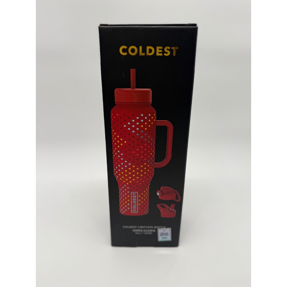 Coldest Limitless Ultra 46oz Bottle Ember Glowie Red Polka Dot 3 Lids New